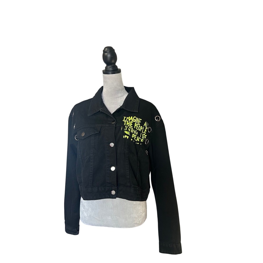 Fashion Nova Cropped Denim Mona Lisa Mask‎ Graphic Jacket SZ L Pit- 19" & 22" L